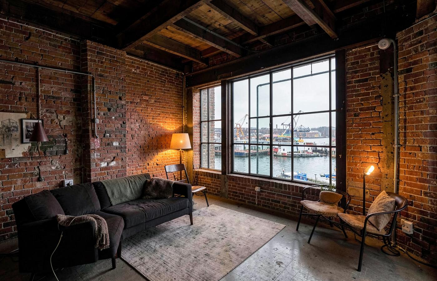 Harbourside loft with exposed brick and factory window