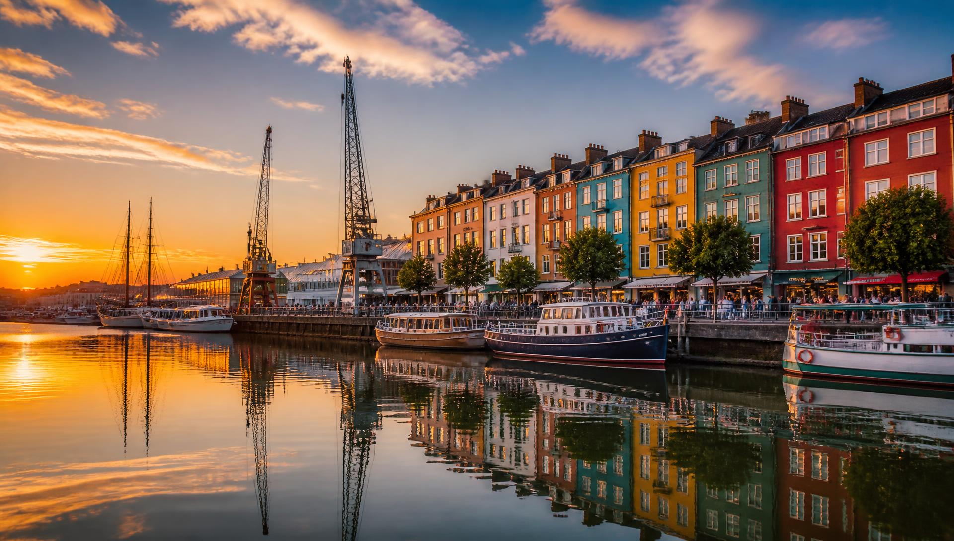 Colourful buildings and boats on Bristol harbourside at golden hour